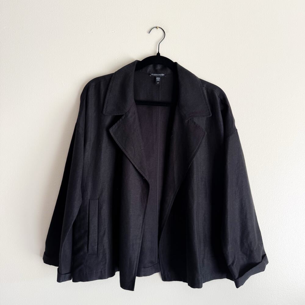 Eileen Fisher Black Linen Blend Open Front Jacket Small